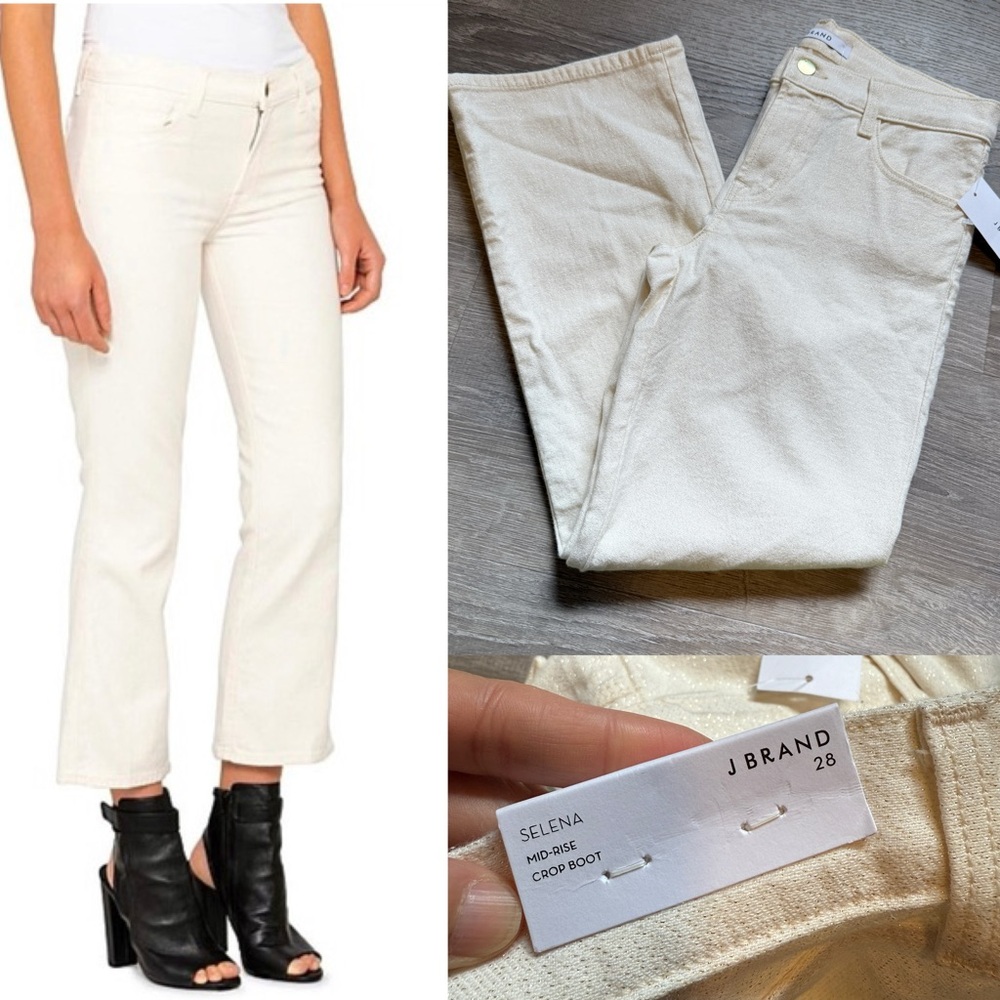 J Brand Selena Mid Rise Crop Boot Jean White with Gold Shimmer-size 28- NWT